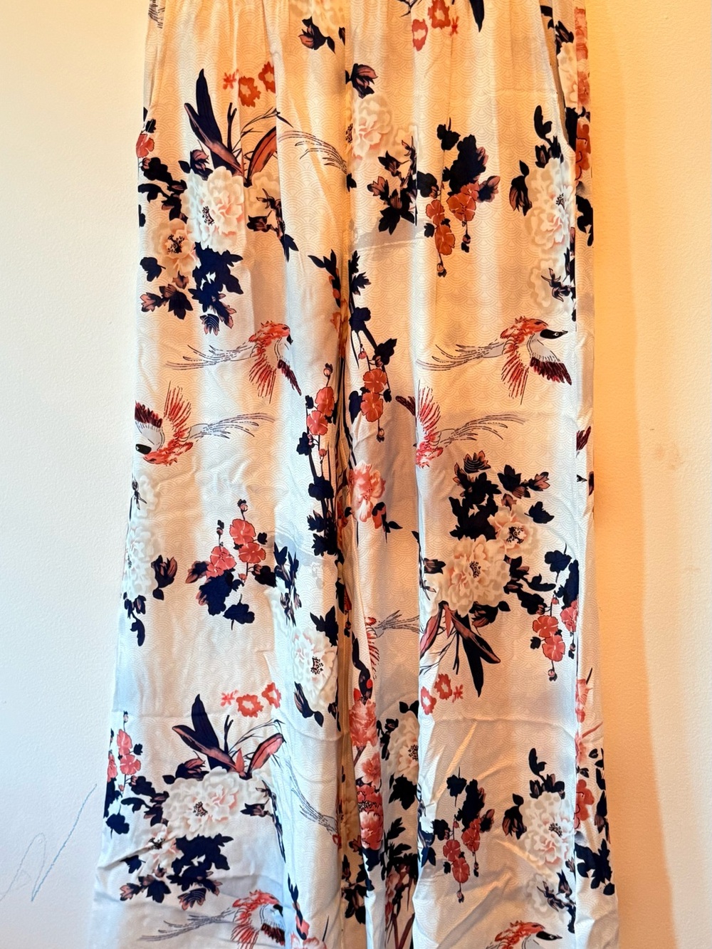 Cream Floral Wide-Leg Satin Pants with Navy & Coral Accents